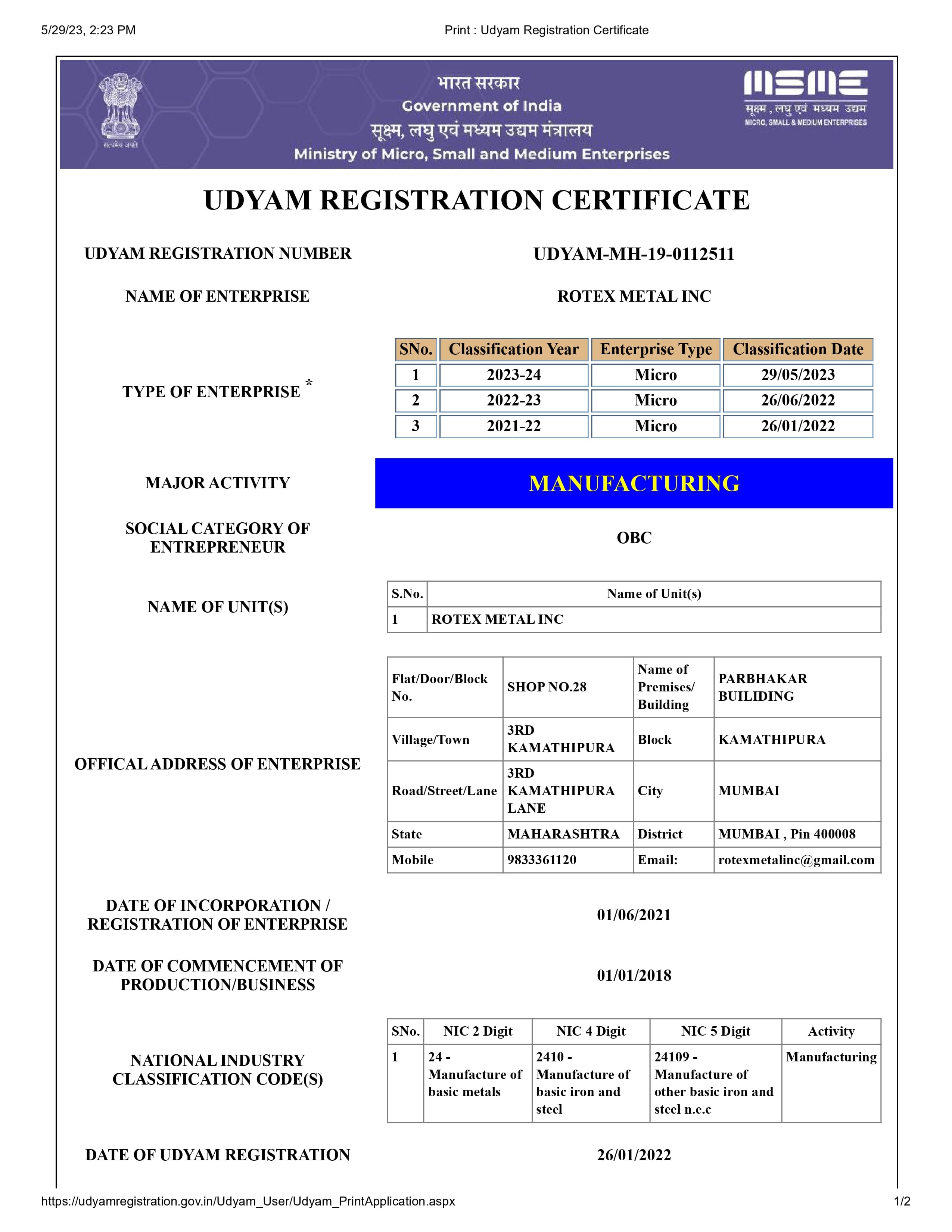 Rotex metal inc certified