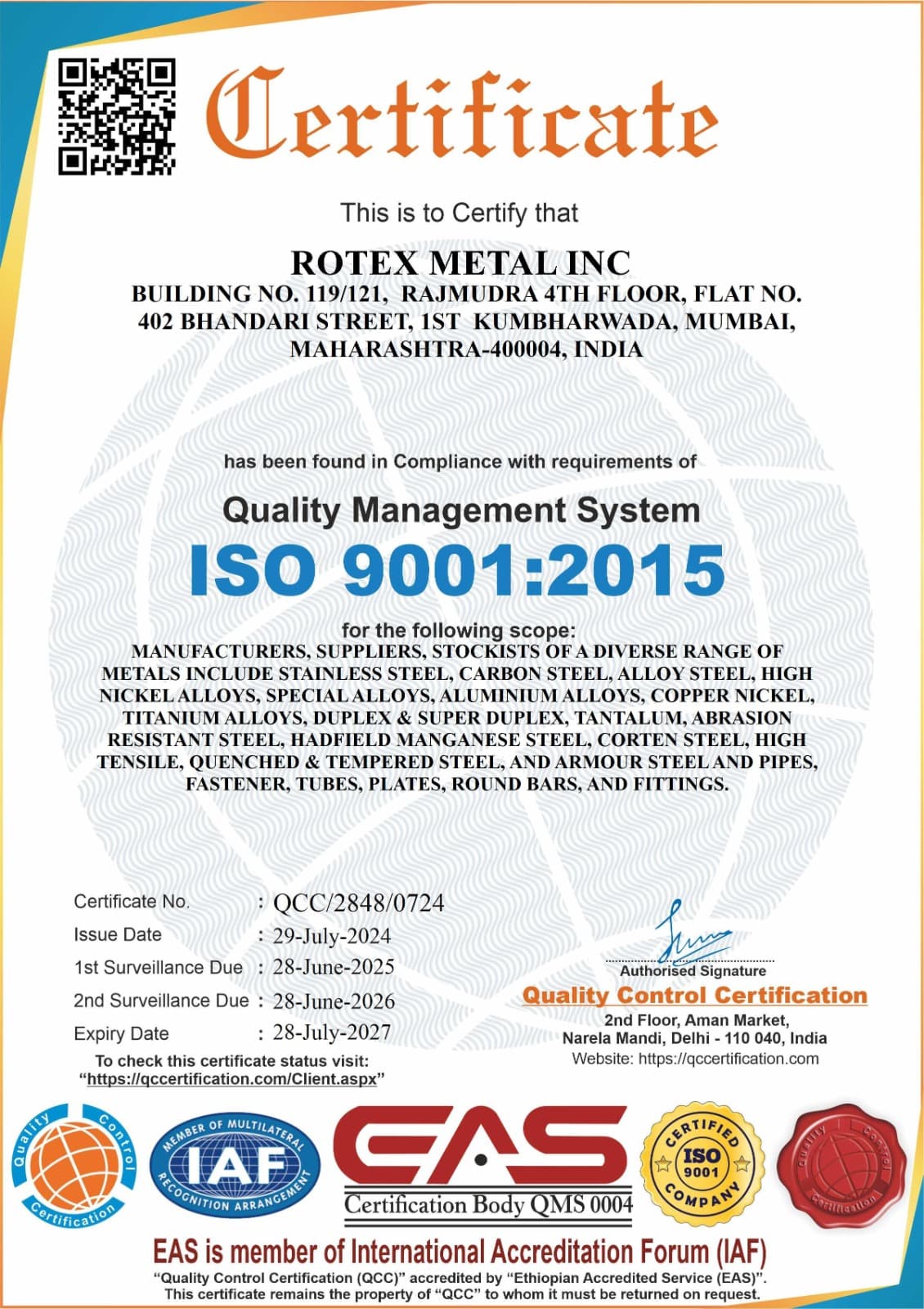 Rotex metal inc certified